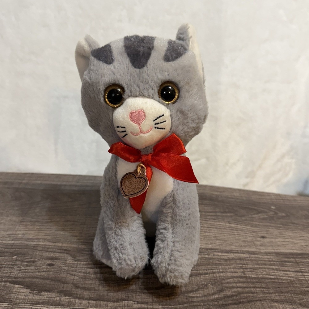 Walmart Small Grey Cat Kitten Plush Stuffed Animal Toy Red Bow Pink Heart Nose